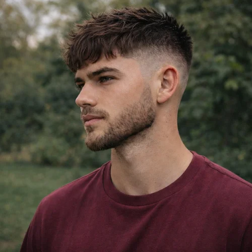 Textured French crop low fade haircut with beard on man wearing maroon shirt