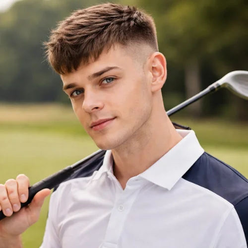 french crop haircut round face men modern stylish look golf outfi