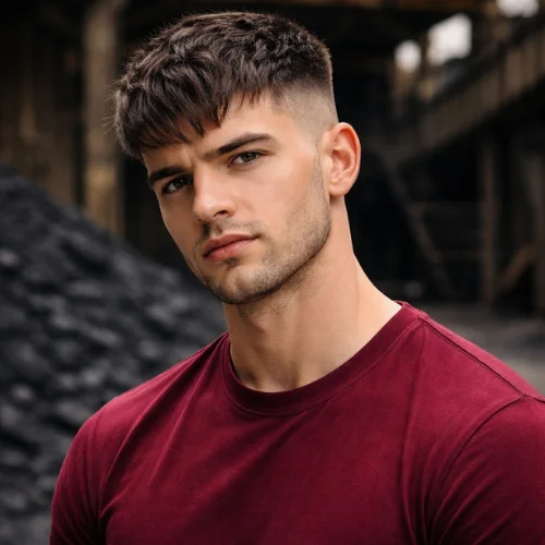 french crop haircut skin fade thick hair man maroon shirt coal mine modern hairstyle