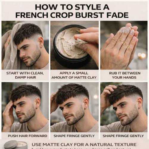Step by step guide to styling a French Crop Burst Fade with matte product and textured fringe finish
