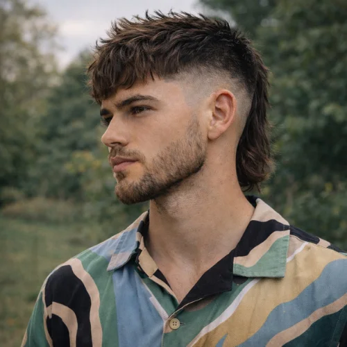 Textured French crop low fade mullet style haircut on boy wearing modern shirt