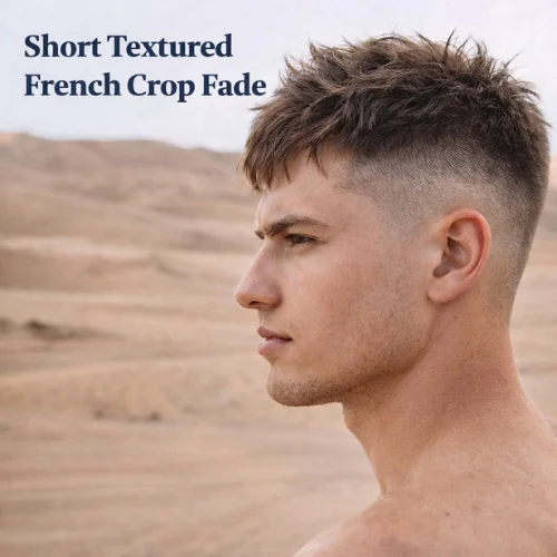 short textured french crop fade mens haircut with layered top and clean faded sides