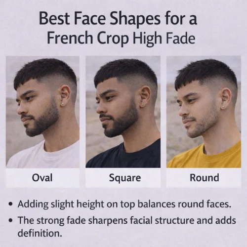 Best face shapes for French Crop High Fade haircut including oval, square, and round faces