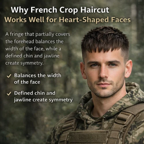 French crop haircut for heart-shaped face men textured fringe fade hairstyle balancing forehead and jawline outdoor