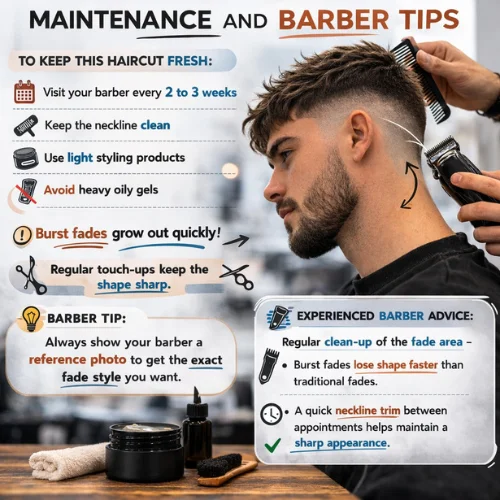 Maintenance tips for French Crop Burst Fade haircut showing clean burst fade and barber touch up