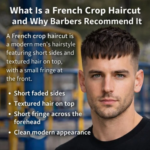 French crop haircut for heart-shaped face men short faded sides textured top fringe modern hairstyle outdoor
