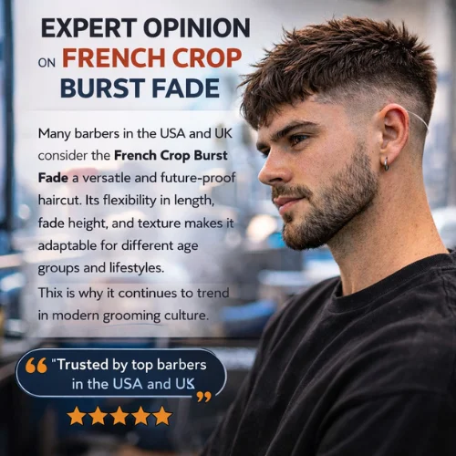French Crop Burst Fade haircut recommended by barbers in USA and UK with textured top and clean burst fade
