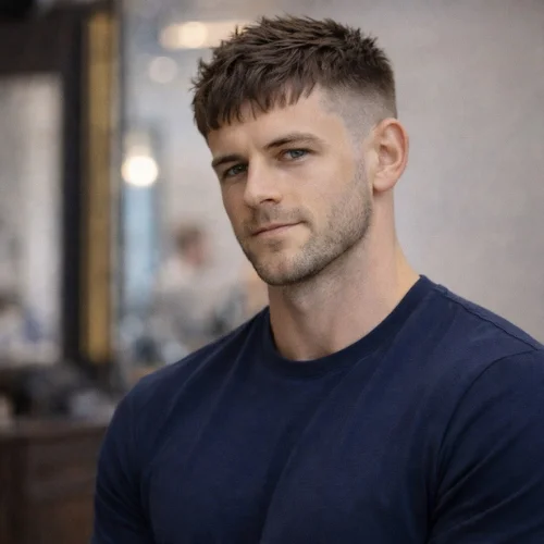 how to style French crop haircut men textured hairstyle red shirt muscular look modern hair styling