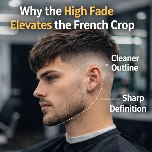French Crop haircut showing sharp high fade and clean outline enhancing jawline definition