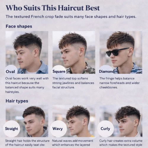 textured french crop fade hairstyle guide showing best face shapes and hair types for men