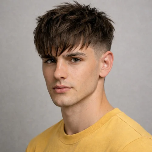 French crop with long textured fringe haircut for men with layered top and natural fringe over forehead on a young man wearing a yellow shirt