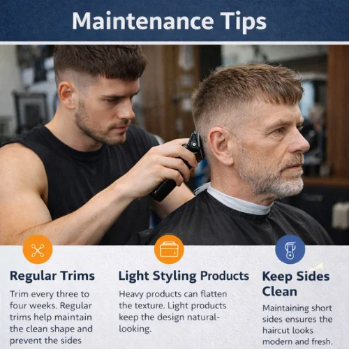 barber trimming short textured french crop haircut on older man showing hairstyle maintenance tips