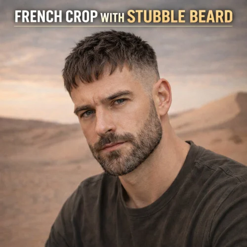 stubble beard with French crop hairstyle for men short textured crop haircut with light stubble beard