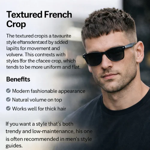 textured French crop haircut square face man wearing black shirt goggles modern layered hairstyle volume top