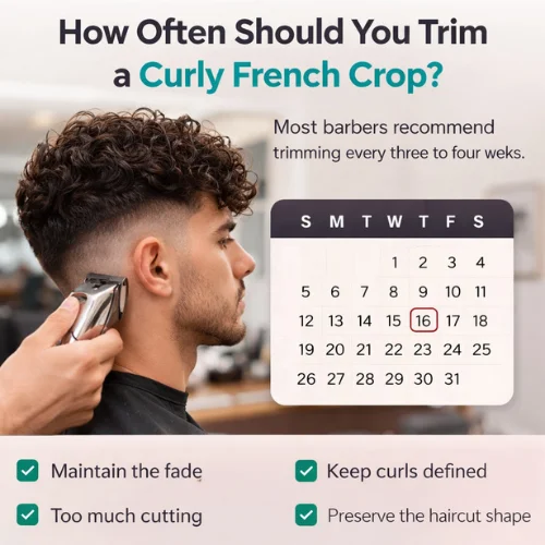 how often should you trim curly french crop haircut for men maintaining fade and defined curls
