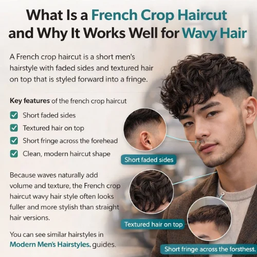 french crop haircut for wavy hair with textured top and faded sides modern men hairstyle
