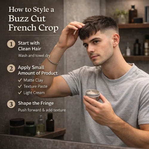 Step-by-step styling of buzz cut French crop haircut with hair product
