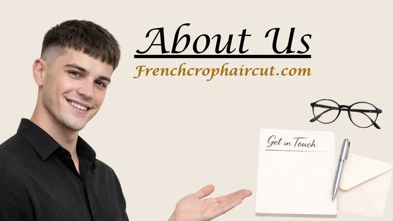 About Us page of frenchcrophaircut.com featuring a smiling man with a modern French crop haircut and fade, highlighting men's hairstyle trends with contact elements like notebook, glasses, and envelope.