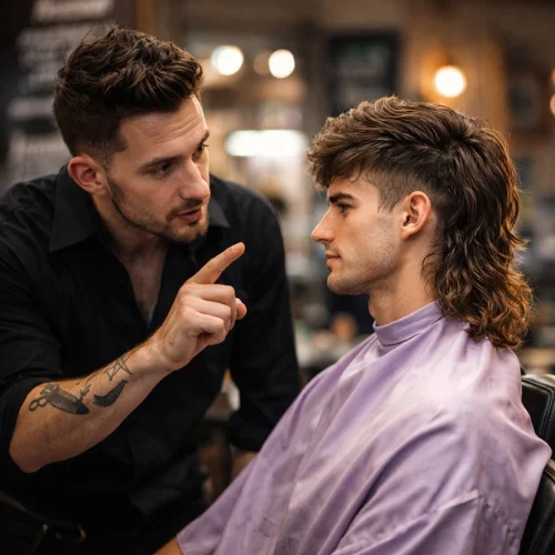 barber explaining french crop vs mullet haircut to client hairstyle comparison men
