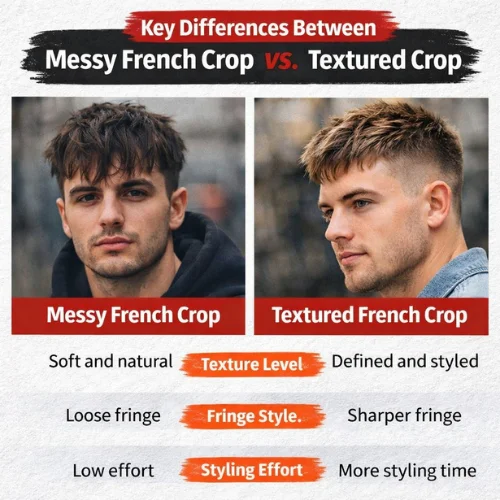 messy french crop vs textured crop key differences infographic showing texture level fringe style and styling effort comparison for men