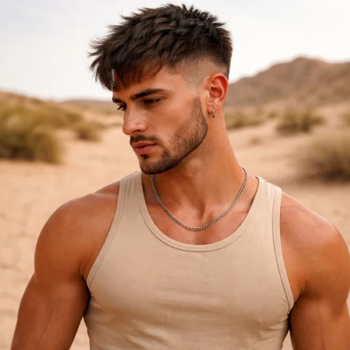 Muscular young man in a desert with a messy French crop low taper fade hairstyle, textured top, clean fade sides, natural fringe, athletic build, modern stylish men's haircut, easy-to-maintain hairstyle