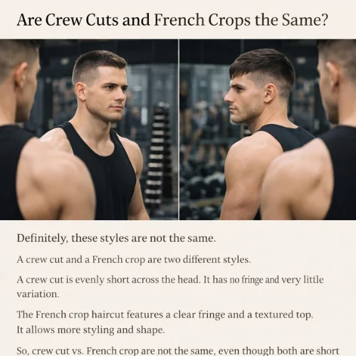Young man in gym looking into mirror at muscular body, showcasing crew cut hairstyle on left and French crop on right, highlighting difference between short hairstyles
