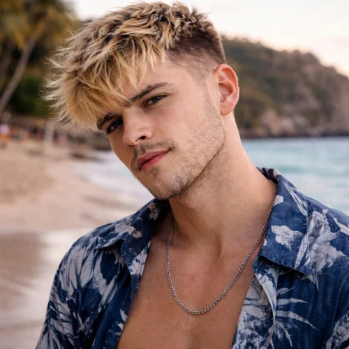long french crop blonde haircut with volume and textured top for man at beach stylish summer hairstyle usa