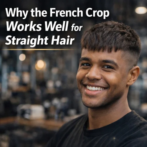 French crop haircut for straight hair with textured fringe and low fade on a smiling man in a modern barbershop