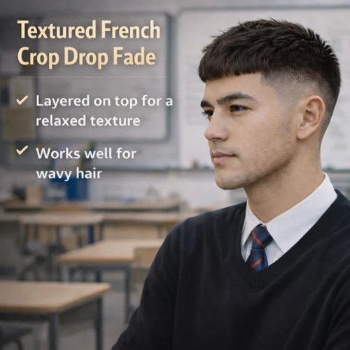 textured french crop drop fade haircut for men layered textured top and curved fade hairstyle on school boy wearing school uniform in classroom
