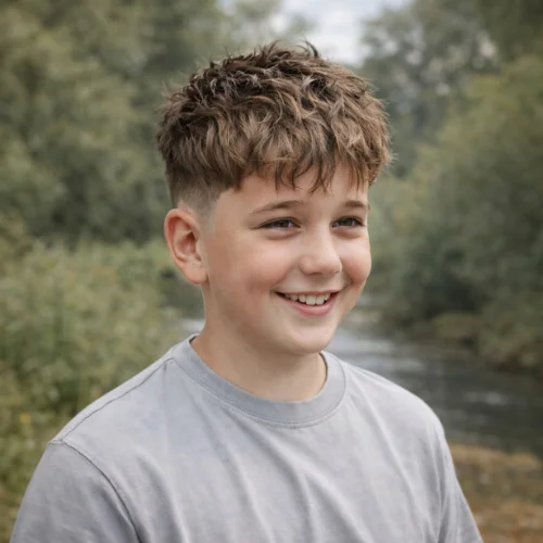 textured french crop haircut for boys with short fade sides and messy fringe modern kids hairstyle