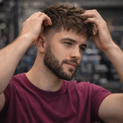 man with heavy beard styling textured french crop mid fade haircut wearing magenta shirt in gym