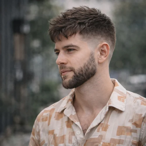 low fade french crop mens haircut with beard clean fade blended into beard stylish modern hairstyle
