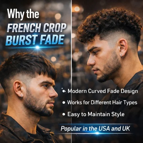 French Crop Burst Fade men’s hairstyle with sharp rounded fade and textured top trending in USA and UK