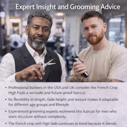 Professional barbers recommending French Crop haircut with clean high fade and modern crop