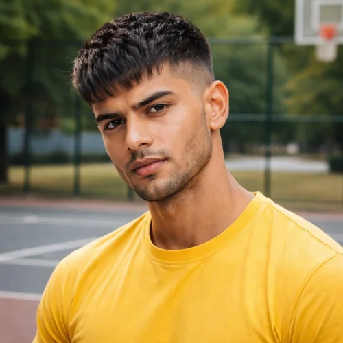 french crop haircut mid fade thick hair man yellow shirt courtyard modern hairstyle