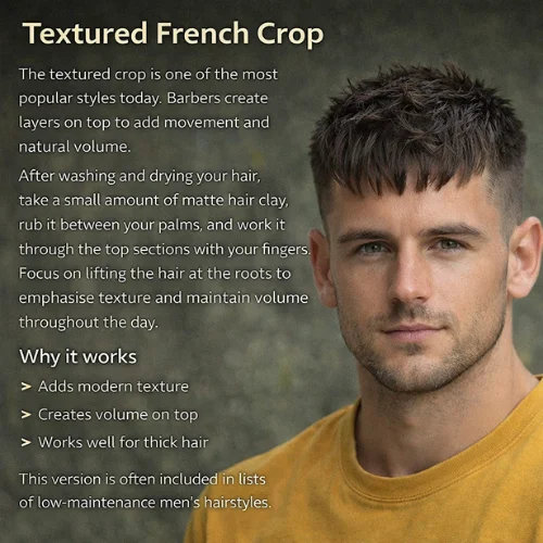 textured French crop haircut for heart-shaped face men yellow shirt modern hairstyle with volume and fringe