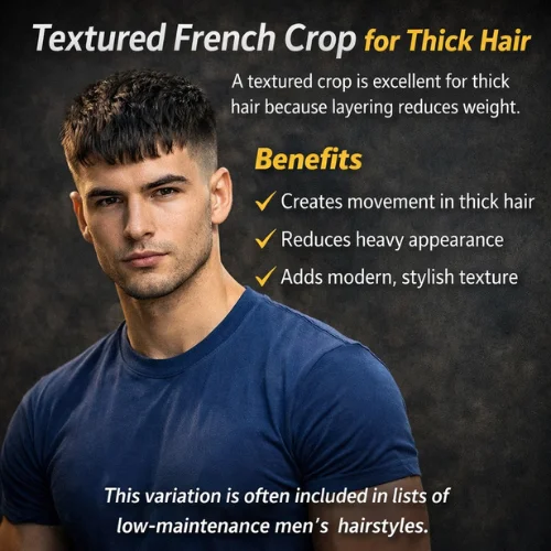 textured french crop haircut thick hair men blue shirt muscular modern hairstyle