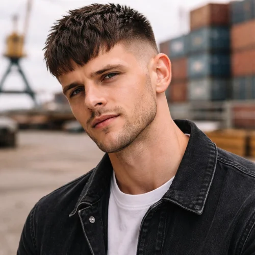 thick fringe French crop haircut square face man bold textured hairstyle heavy fringe modern fashion look