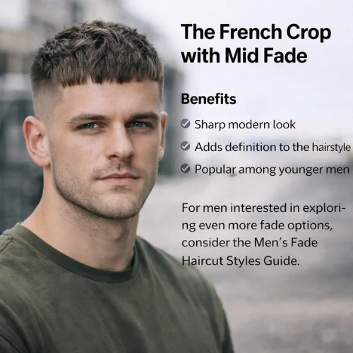 French crop mid fade haircut square face man sharp modern hairstyle textured top clean fade sides