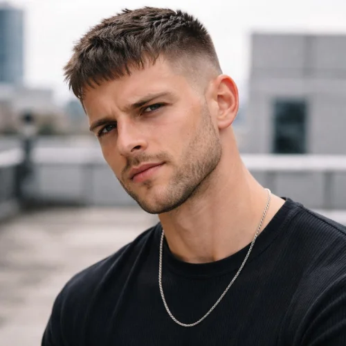 French crop skin fade haircut square face man rooftop sharp clean hairstyle modern bold look