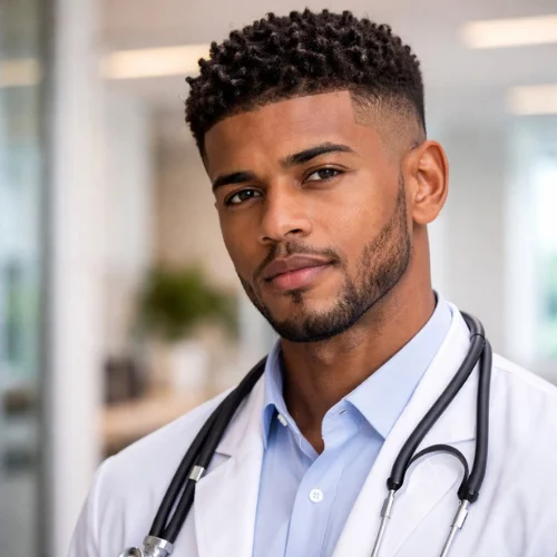 modern textured French crop haircut for heart-shaped face men fade hairstyle doctor outfit stethoscope