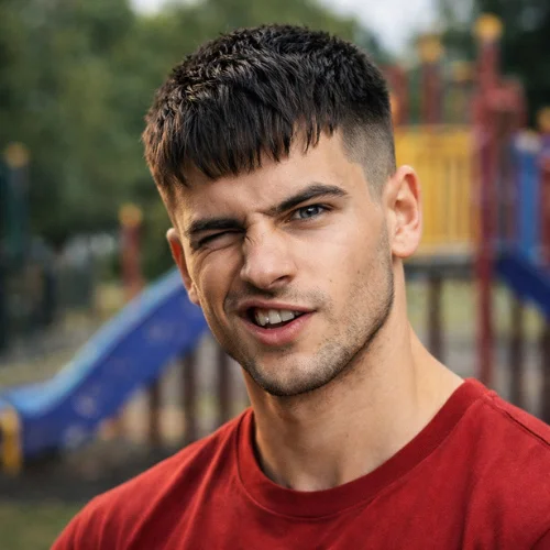 french crop haircut low fade thick hair man red shirt funny face playground background