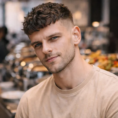 wavy French crop haircut square face man natural texture modern hairstyle soft waves low styling effort
