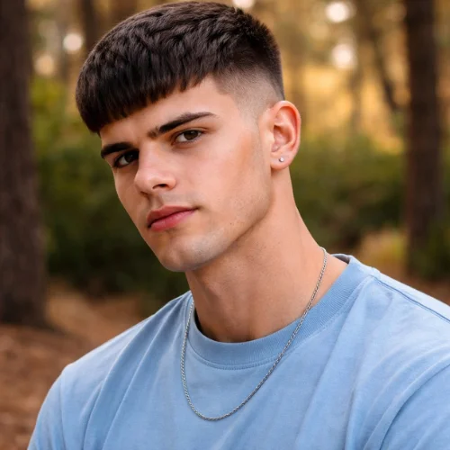 edgar haircut men blue shirt forest modern trendy hairstyle thick hair