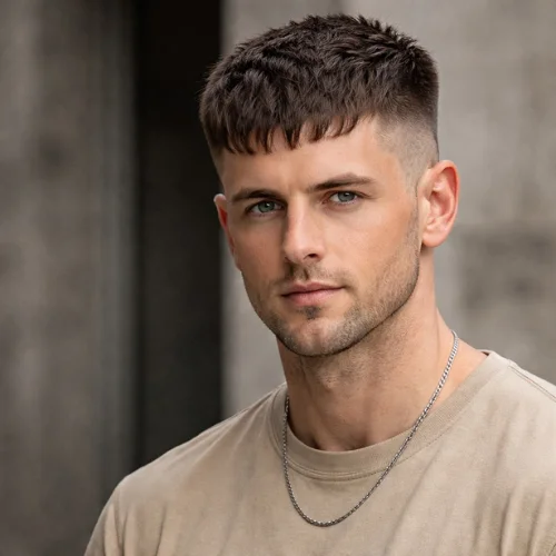 French crop haircut with mid fade for heart-shaped face men bold modern hairstyle textured fringe sharp look