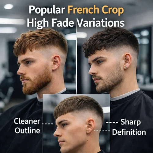 Popular French Crop Fade variations showing textured, classic, and sharp high fade styles