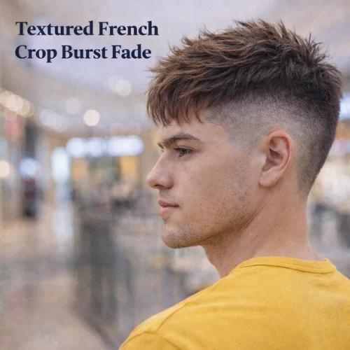 textured french crop burst fade mens haircut with layered top and curved burst fade around ear