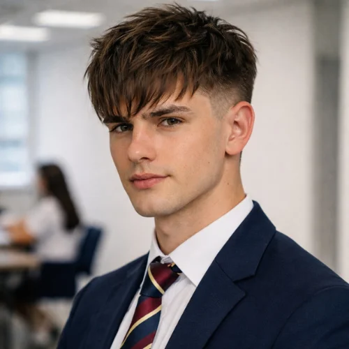 long textured French crop with taper haircut for men showing layered top and tapered sides on a man wearing a school uniform