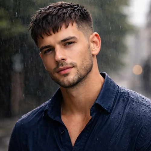 man with short textured french crop taper fade haircut wearing dark blue shirt standing in rain