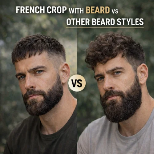 French crop with beard vs other beard styles comparison showing textured crop haircut with beard